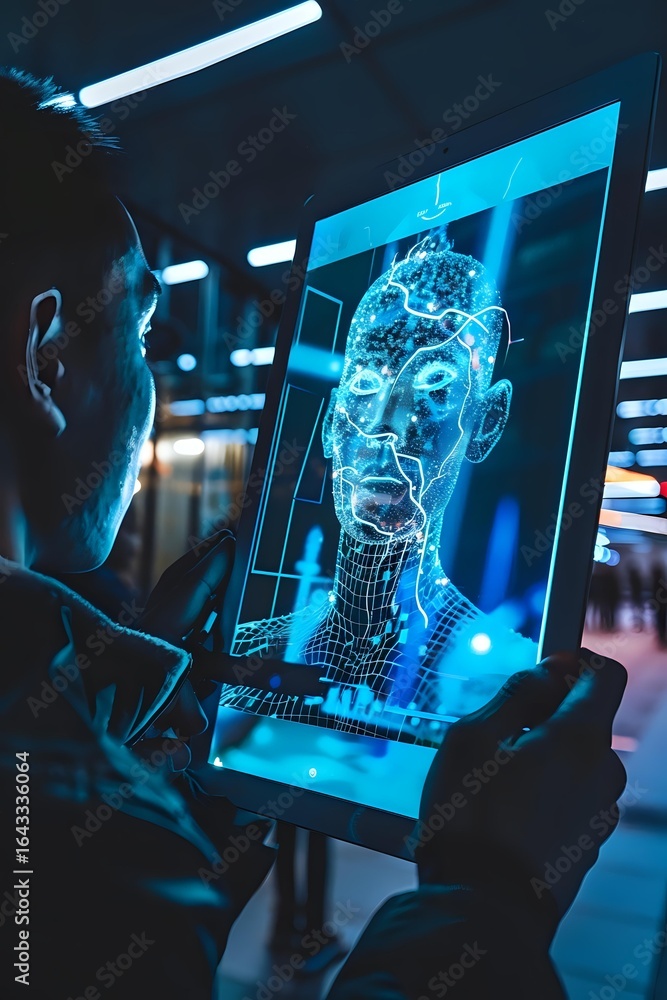 Poster digital facial recognition scan displayed on transparent screen with blue holographic wireframe mapp