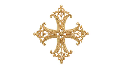 Ornate golden fleurdelis cross ornament with symmetrical filigree details isolated on the transparent background