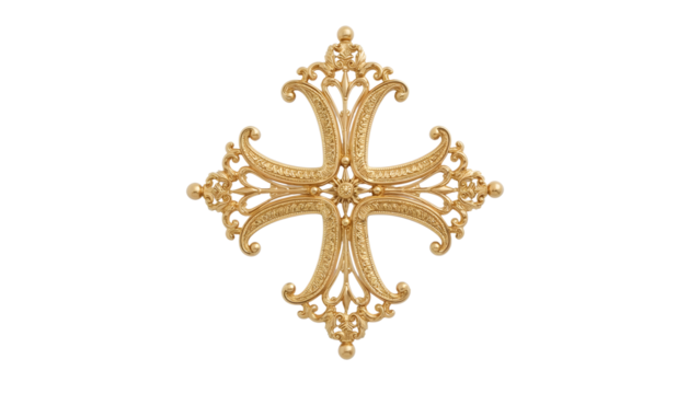 Ornate golden fleurdelis cross ornament with symmetrical filigree details isolated on the transparent background