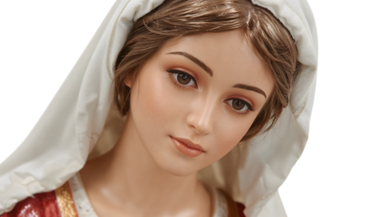 Closeup of virgin mary sculpture with serene expression and white veil on isolated background