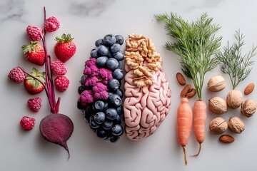 A balanced lifestyle, depicted with vibrant foods like berries, nuts, and vegetables, enhancing brain neurons and promoting mental clarity and well-being.