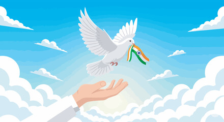 A white dove carrying an Indian flag soars upward, received by a benevolent hand against a vibrant blue sky.