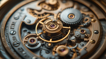 Intricate close-up of a mechanical watch movement showcasing gears, springs, and intricate craftsmanship, highlighting the precision and artistry of horology in a beautifully detailed composition