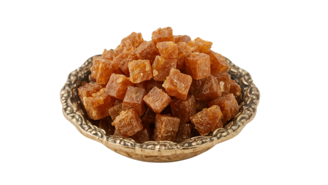 Dried papaya cubes in ornate bowl isolated on the transparent background, healthy snack, sweet dessert, tropical fruit, organic treat - Powered by Adobe