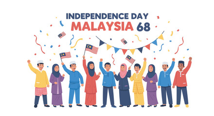 Joyful Malaysian children and adults celebrate their nation's 68th Independence Day with flags and confetti.