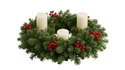 Christmas advent wreath with evergreen branches, red berries, and three pillar candles isolated on the transparent background