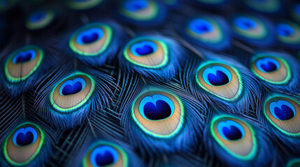 Obraz premium Vibrant peacock feathers display intricate patterns of blue and green hues, showcasing the beauty of nature's design and the elegance of avian plumage in a close-up view