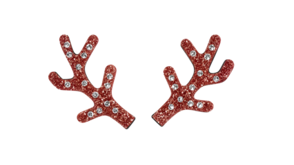 Red glitter antler hair clips with rhinestones isolated on the transparent background  festive christmas holiday hair accessories for parties and celebration