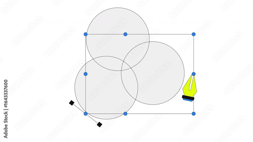 Aufkleber graphic design process in rgb 2d onboarding ui animation. overlapping circles in bounding boxes with