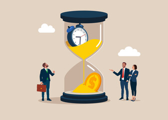 Time management. Long term investment return, retirement pension fund. Time value of money and save time, Money saving. Gold coins dollar in sandglass. 