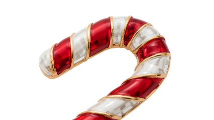 Closeup of festive red and white candy cane ornament with gold accents isolated on the transparent background for christmas decoration