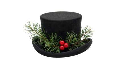 Classic black top hat with festive pine and red berries decoration isolated on white for christmas and winter holiday celebrations