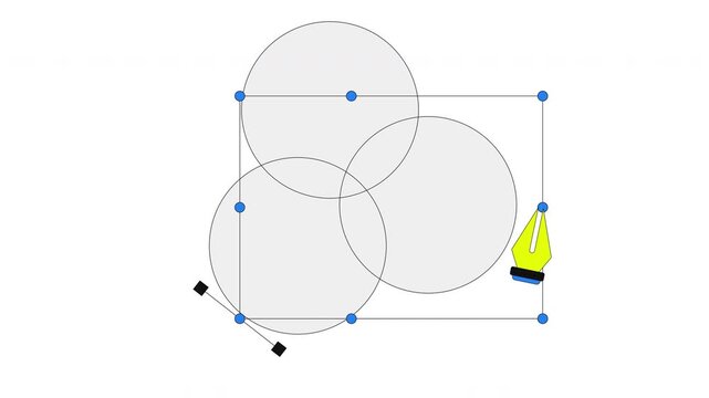 Graphic design process in RGB 2D onboarding ui animation. Overlapping circles in bounding boxes with pen tool. Vector editing animated cartoon flat concept, app intro 4K video isolated on white