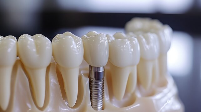 dental implant demonstration model showcasing a single tooth replacement within a full arch for educational purposes and patient consultation highlighting restorative dentistry advancements