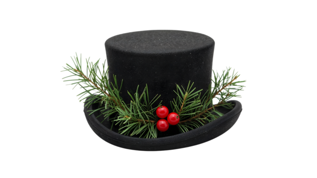 Classic black top hat with festive pine and red berries decoration isolated on white for christmas and winter holiday celebrations