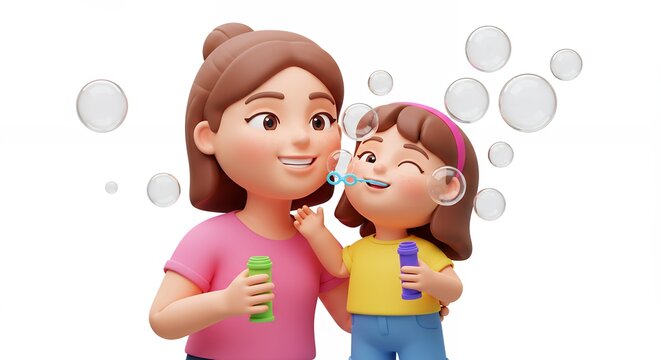 Mother and daughter blowing bubbles illustration