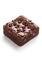 Decadent chocolate brownie square with melting chips against pristine white backdrop perfection
