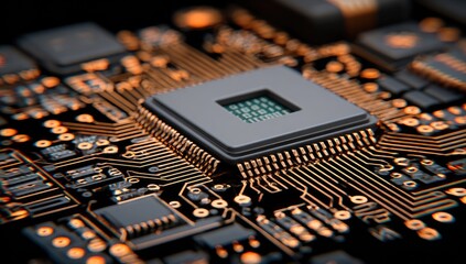 Close-up of a circuit board with a central processor chip