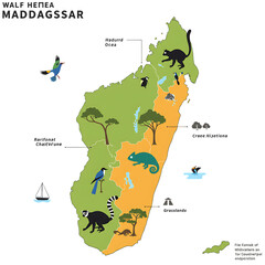 Illustrated wildlife map of Madagascar showing native animal species