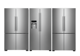 Three modern stainless steel refrigerators with french doors and water dispensers, isolated on transparent background