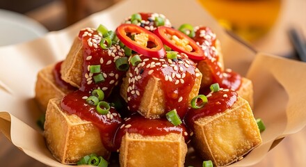 Delicious fried tofu cubes drizzled with a vibrant sweet chili sauce garnish perfection