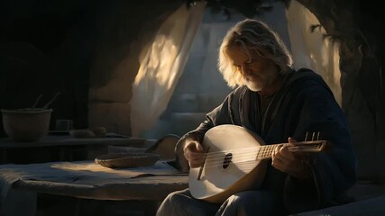 A minstrel playing a lute in a cozy tavern setting