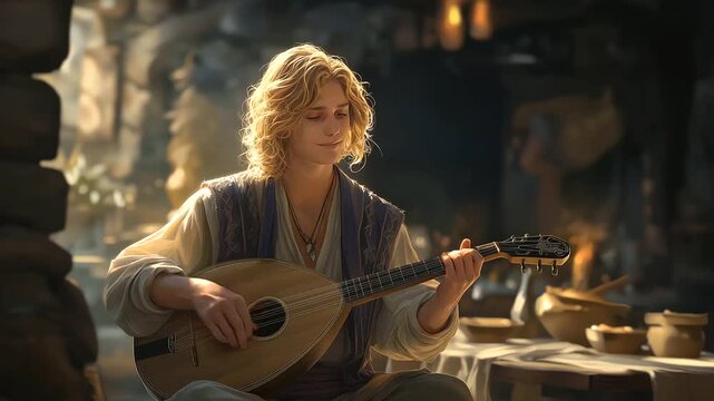 A minstrel playing a lute in a lively tavern setting