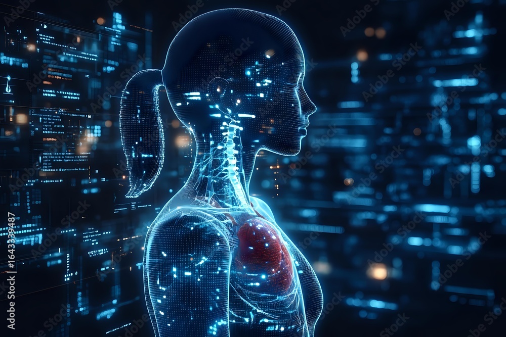 Aufkleber glowing digital anatomical visualization showing human torso and head with highlighted lung area aga