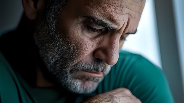 Middle-aged bearded man with gray hair wearing green shirt showing signs of depression and anxiety in dramatic low key lighting, looking down with worried expression. - Powered by Adobe