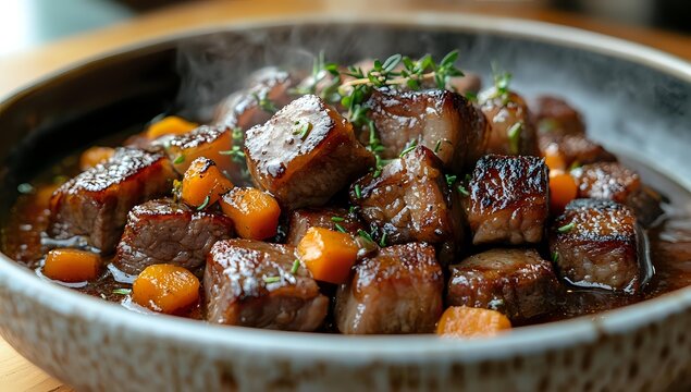 Tender beef chunks slowly braised with carrots and fresh herbs in rich brown sauce, served in rustic ceramic bowl. Close up view of hearty homemade stew.