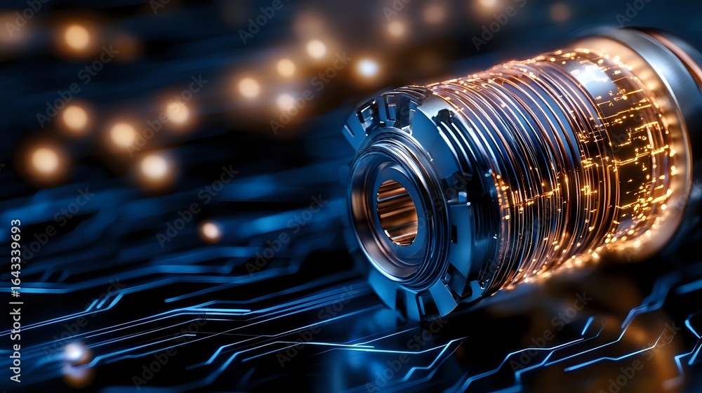 Poster glowing quantum processor with circuit paths and bokeh lights on dark background, futuristic computi