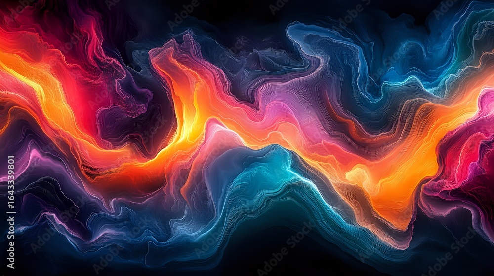 Poster vibrant abstract waves of glowing neon colors flow across dark background creating dynamic energy pa