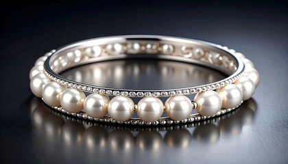 Elegant pearl bracelet with silver band on a dark reflective surface