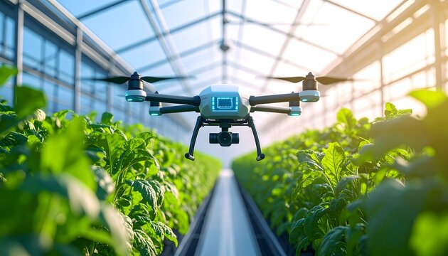 AI Agricultural Drone Scanning Crops in Futuristic Greenhouse