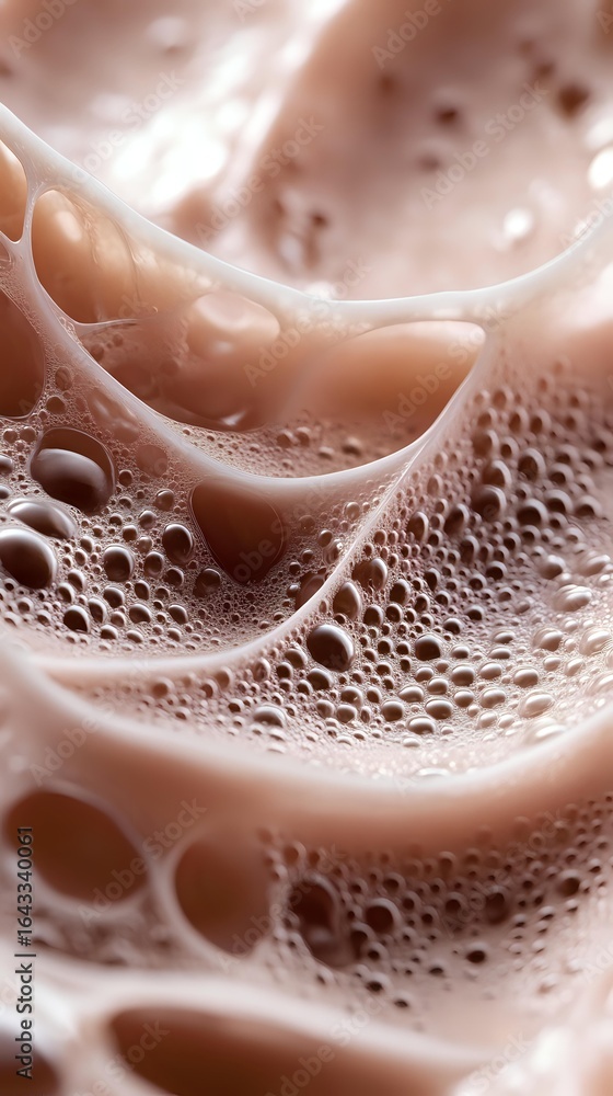 Poster creamy chocolate milk macro shot showing frothy bubbles and swirls in brown tones, creating abstract