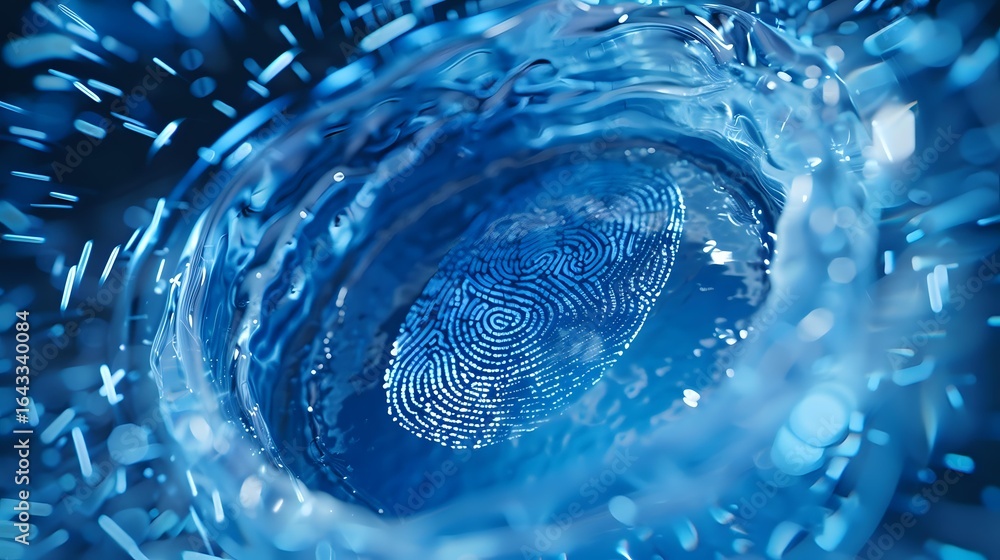 Poster digital fingerprint scan in swirling blue vortex with glowing particles and dynamic motion effects c