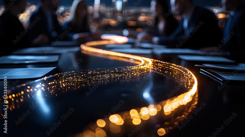Poster glowing curved light trail with golden bokeh effect on dark background creates atmospheric mood for 