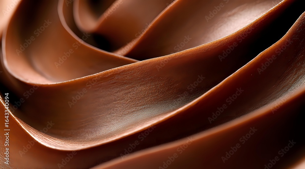 Poster smooth waves of dark chocolate create elegant swirls and curves in macro photography, showcasing ric