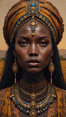 A stunning African woman adorned in traditional headwear and elaborate jewelry. Her captivating gaze and regal bearing exude elegance and strength.  