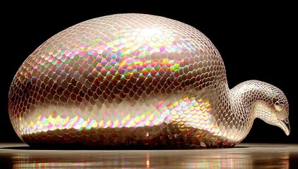 Holographic bird sculpture, iridescent scales, low angle