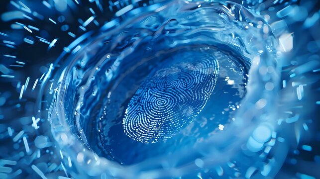 Digital fingerprint scan in swirling blue vortex with glowing particles and dynamic motion effects creating futuristic cybersecurity concept visualization.
