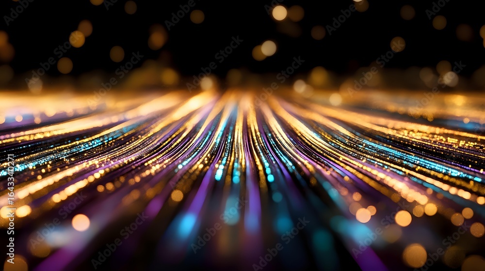 Poster colorful light trails creating dynamic motion effect against dark background with bokeh circles, rad