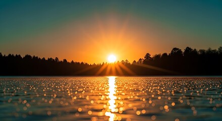 Golden sunrise over a calm lake with sparkling water and forest silhouette