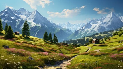 Idyllic mountain scenery in the Alps with blooming meadows in springtime