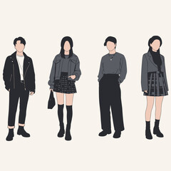 Obraz premium Four fashion illustrations of diverse individuals, showcasing stylish outfits with modern clothing.