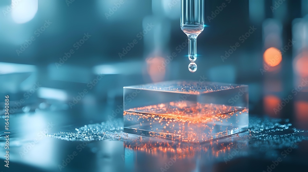 Poster glowing orange liquid droplet suspended above transparent layers creating magical effect with bokeh 