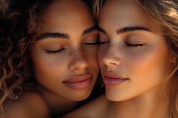 Close up portrait of two young women with freckles and natural makeup, eyes closed in peaceful expression, illuminated by warm golden sunlight.