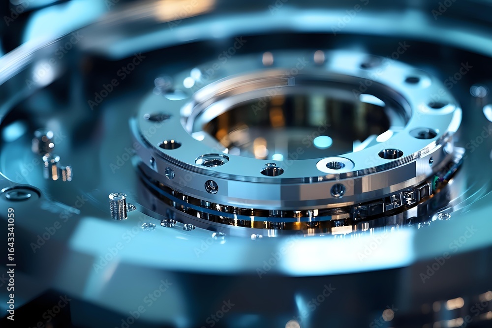 Poster macro shot of precision engineered metal bearing assembly with circular pattern and screws in blue t