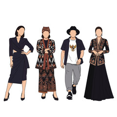 Four stylized figures showcasing diverse Indonesian fashion, including modern dresses and traditional batik attire.