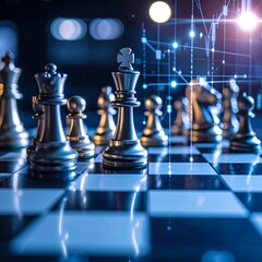 Strategic chess pieces on a board with a blurred financial graph backdrop